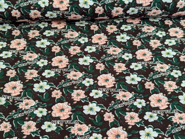 French Terry Everything is possible Blumen auf Dunkelbraun